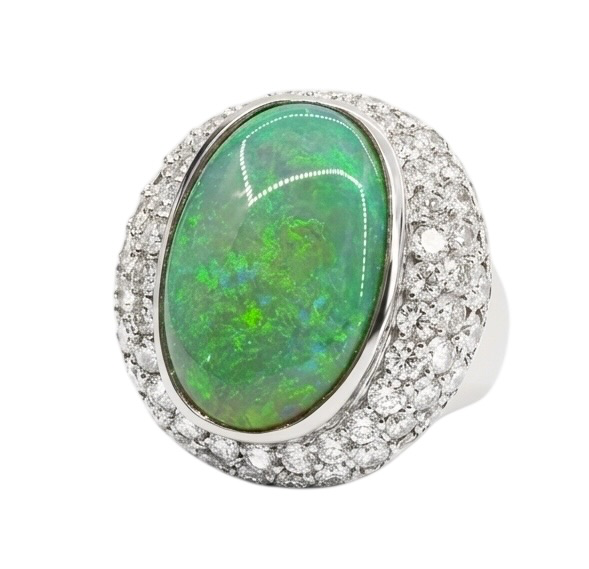Vintage 18K White Gold Opal, Diamonds Ring